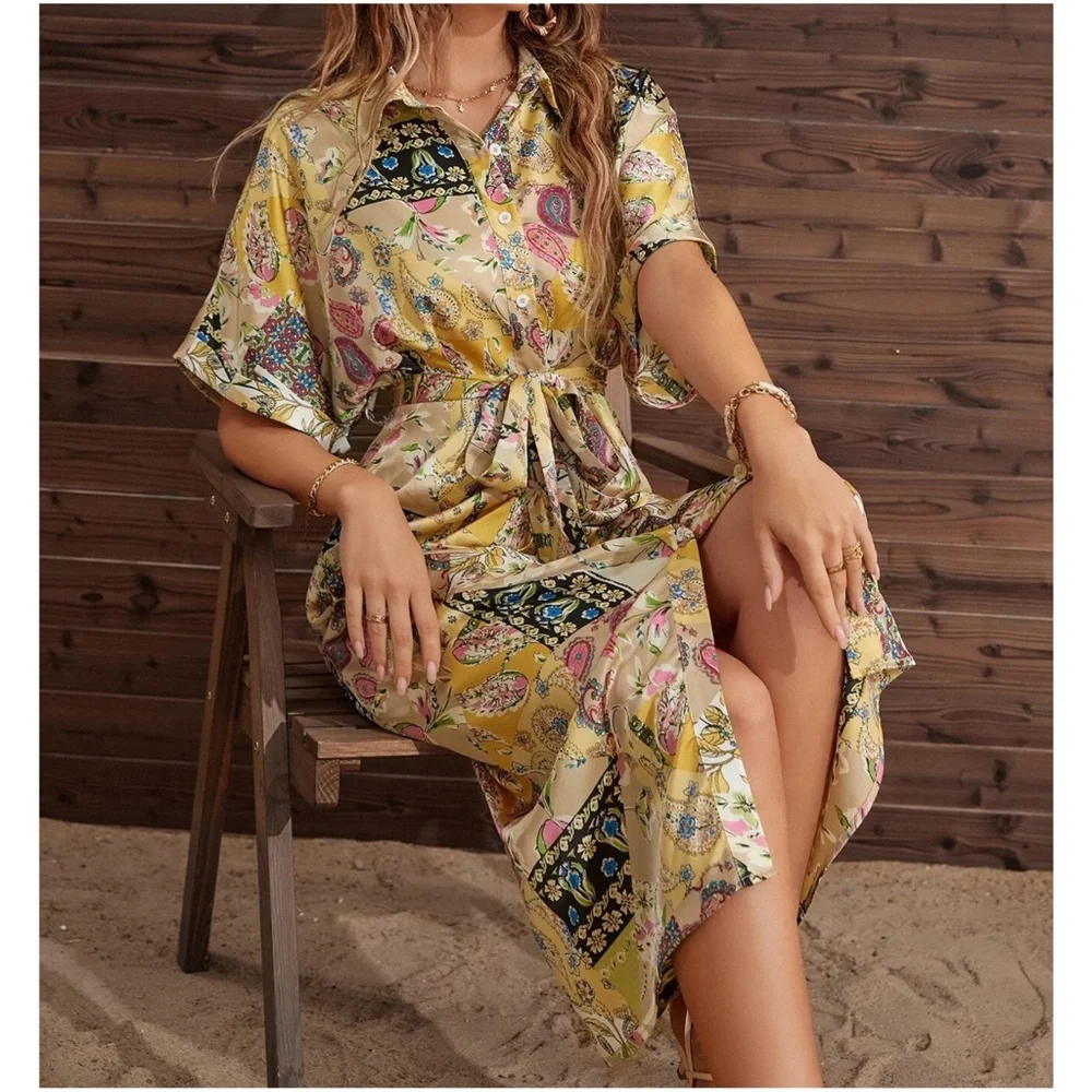 Boho Paisley Print Button up satin Dress - Picture 1 of 4